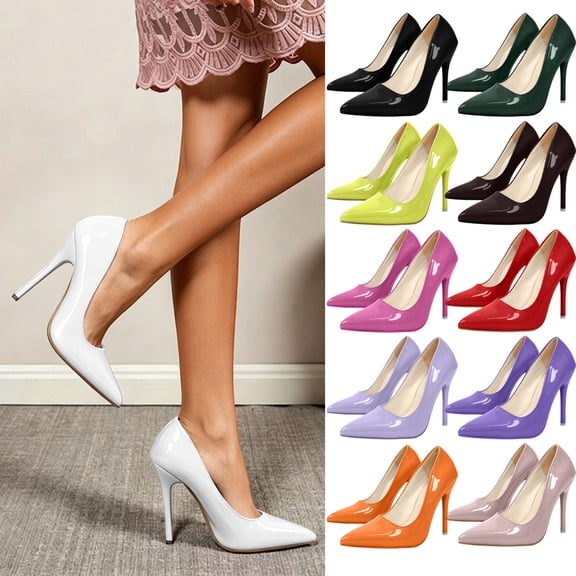 Viluyesy Women's Patent Leather Pumps Stiletto Pointed Toe High Heels Dressy Slip On Comfortable Work Party Wedding White Size 7