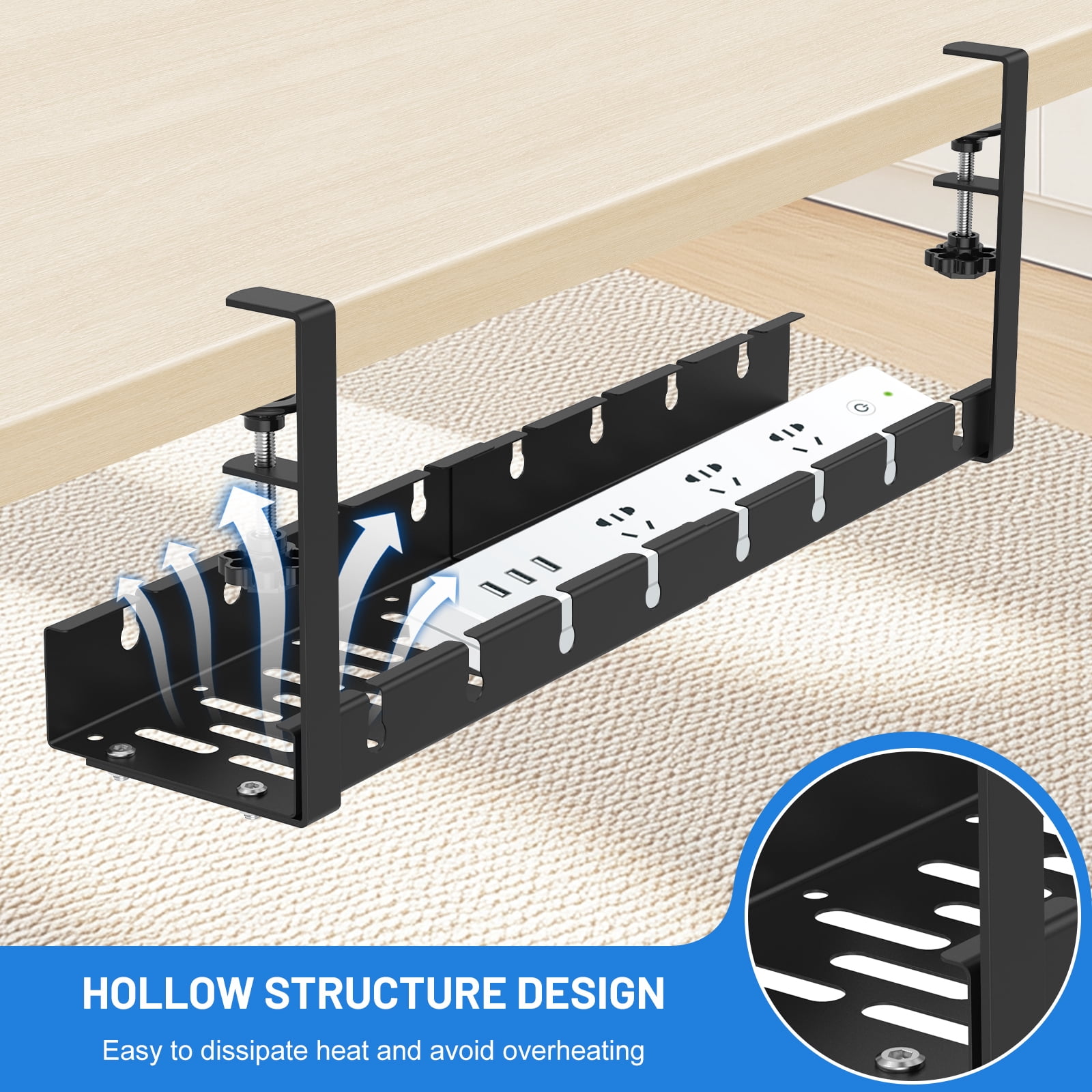 No Drilling Extendable Under Desk Cable Management, Metal Cable Management Tray Under Desk with Clamp, Retractable Power Strip Cord Holder for Wire Management from 11.8"-21.6 "