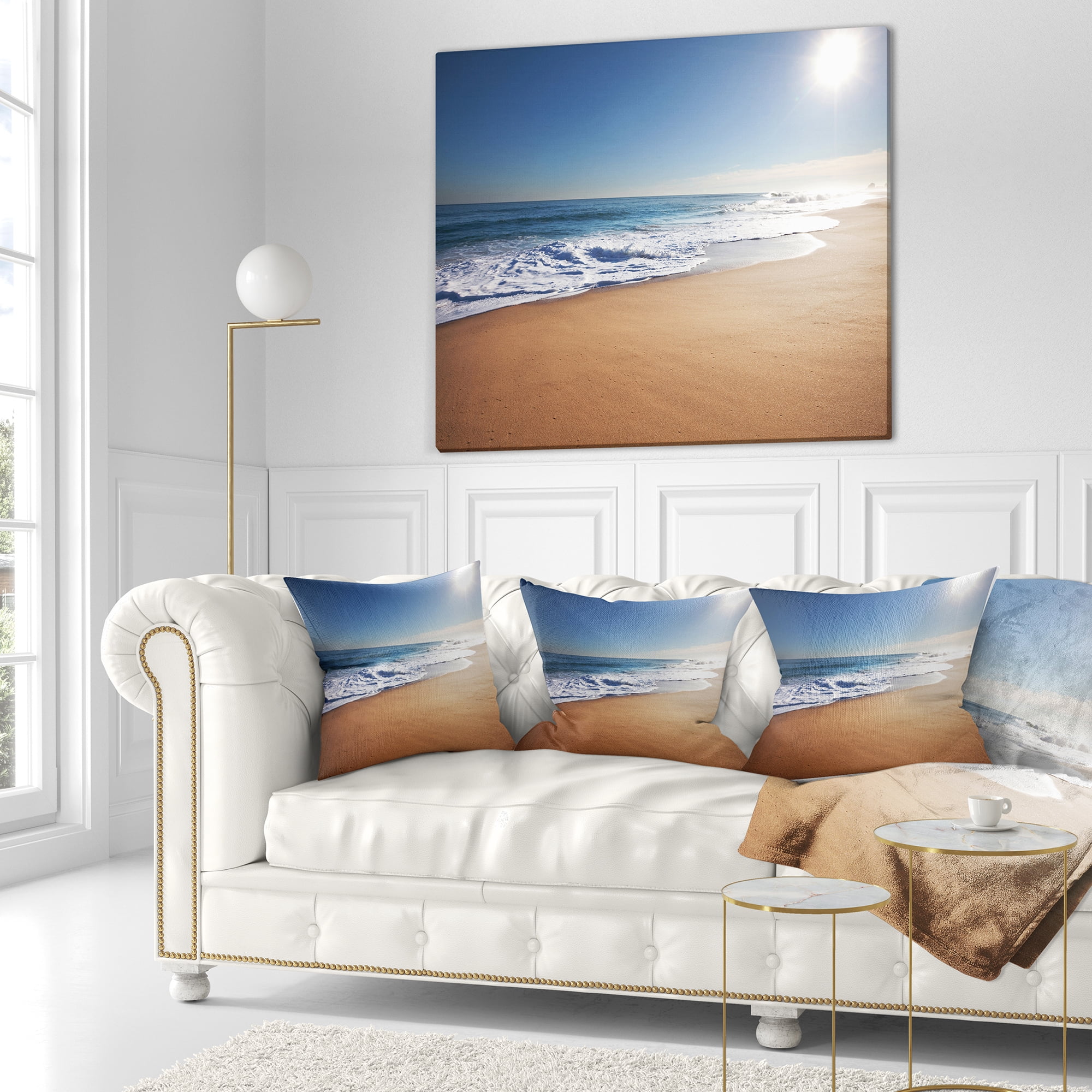 Designart Calm Blue Seashore with White Sun - Seashore Throw Pillow - 18x18