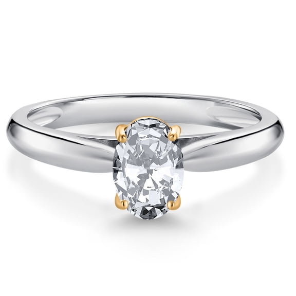 Gem Stone King 10K White and Yellow Gold White Zirconia Solitaire Engagement Ring for Women (1.50 Cttw, Oval 7X5MM, Gemstone Birthstone, Size 7)