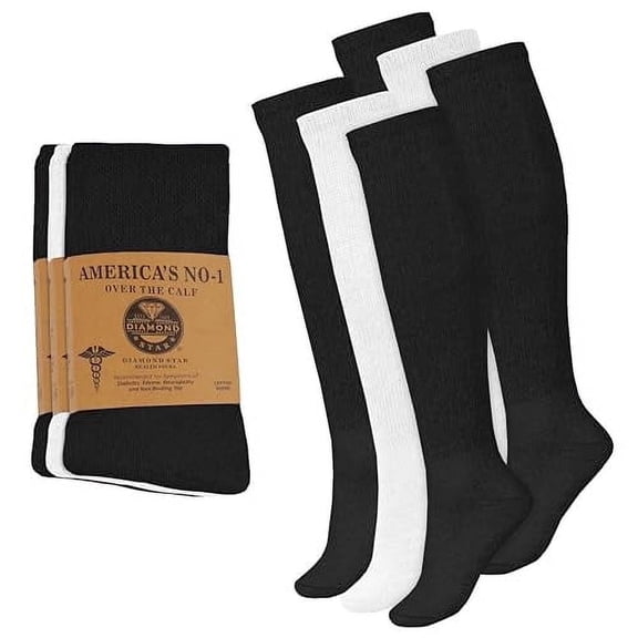 Diamond Star Diabetic Over the Calf, Non-binding Premium Cushion Cotton Knee High Comfortable Socks for Men (Assorted - 6 Pairs, Socks Size 13-16)