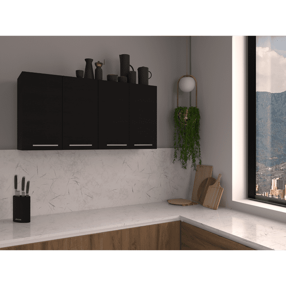 24" Wall Cabinet with 4 Doors & 2 Adjustable Shelves, 47.2" Wide Black Storage Organizer for Kitchen, Bathroom Or Garage