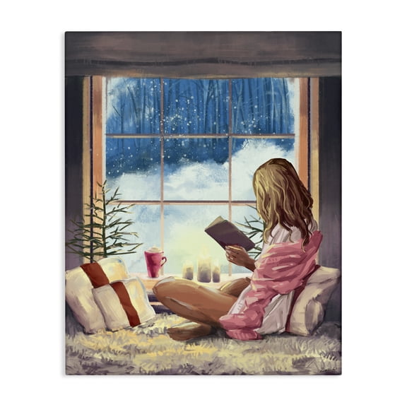 Stupell Industries Rustic Lodge Girl Reading by Snowy Window Winter Holiday Canvas Art, 16 x 20, by Ziwei Li