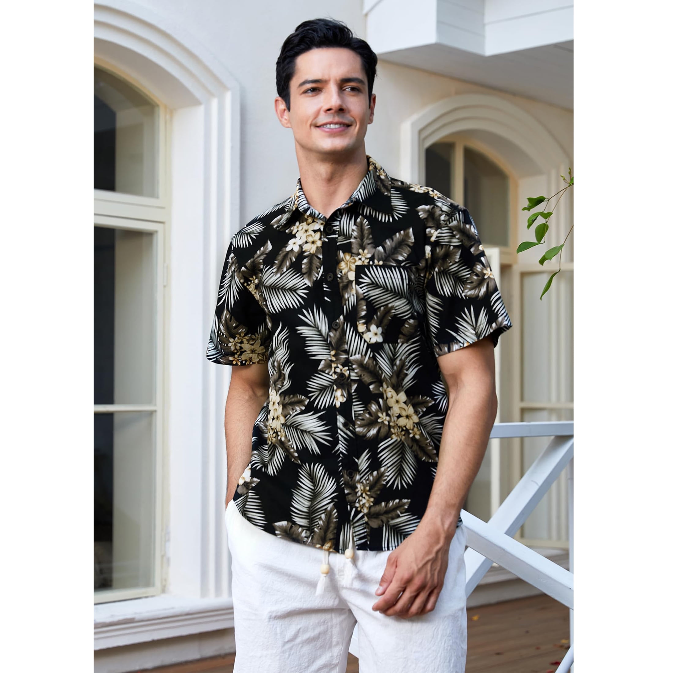 Hawaiian Shirt for Men, Short Sleeve Shirts Button Down Aloha Shirt Beach Floral Shirts Black Palm XL
