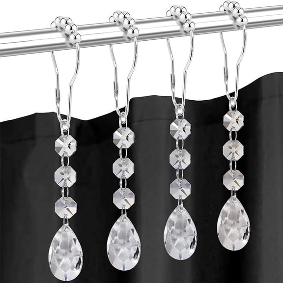 12PCS Gemstone Crystal Bead Shower Curtain Hooks Rings for Bathroom, Water Drop Stainless Steel Rust Resistant Clear Shower Curtain Rings Bathroom Decorations