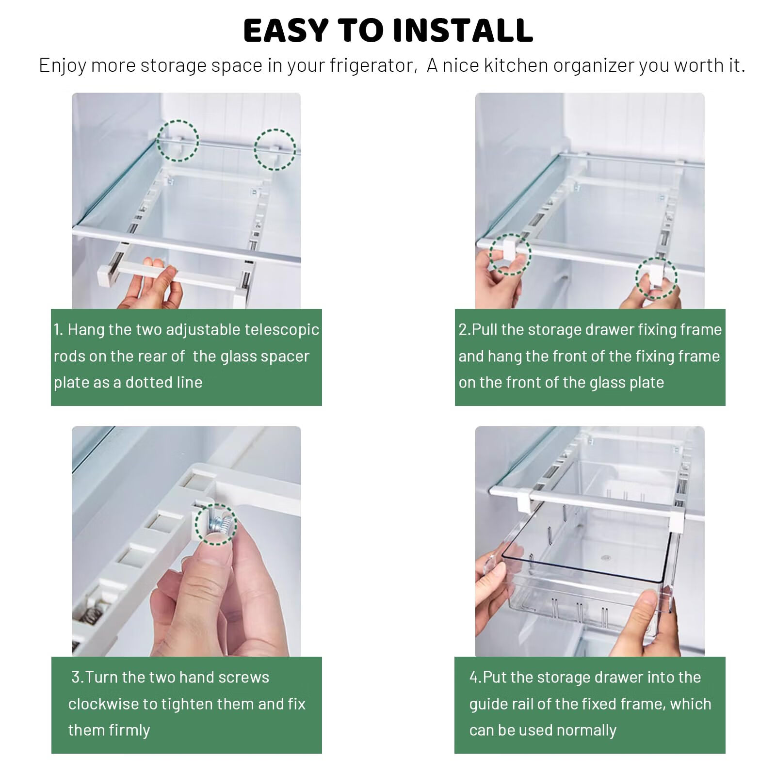 Fridge Organizer Drawer, Refrigerator Drawer Organizer, Pull Out with Handle,Pull Out Shelf Storage Transparent Organizer for Egg,Fruit,Vegetable,Seafood,Beef-4 compartments