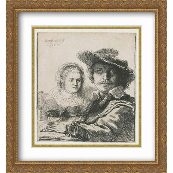 Self-portrait with Saskia 2x Matted 28x30 Large Gold Ornate Framed Art Print by Rembrandt