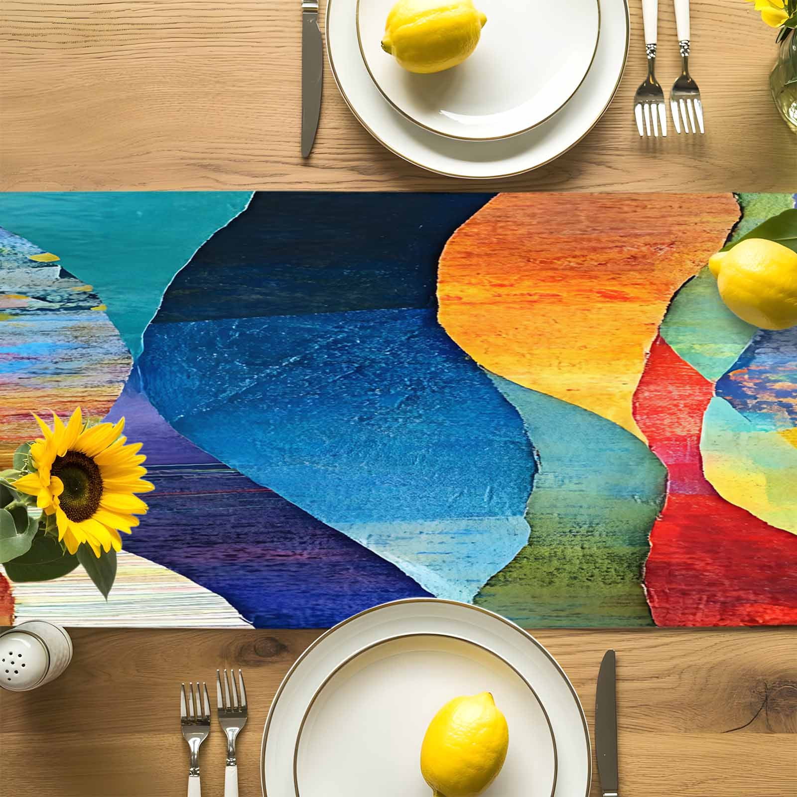 Coloful Mountain Watercolor Oil Painting Art Table Runner 90 Inches Long, Abstract Geometric Modern Table Runners Tabletop Scarf Kitchen Dining Tables Decoration for Home Party Indoor Outdoor