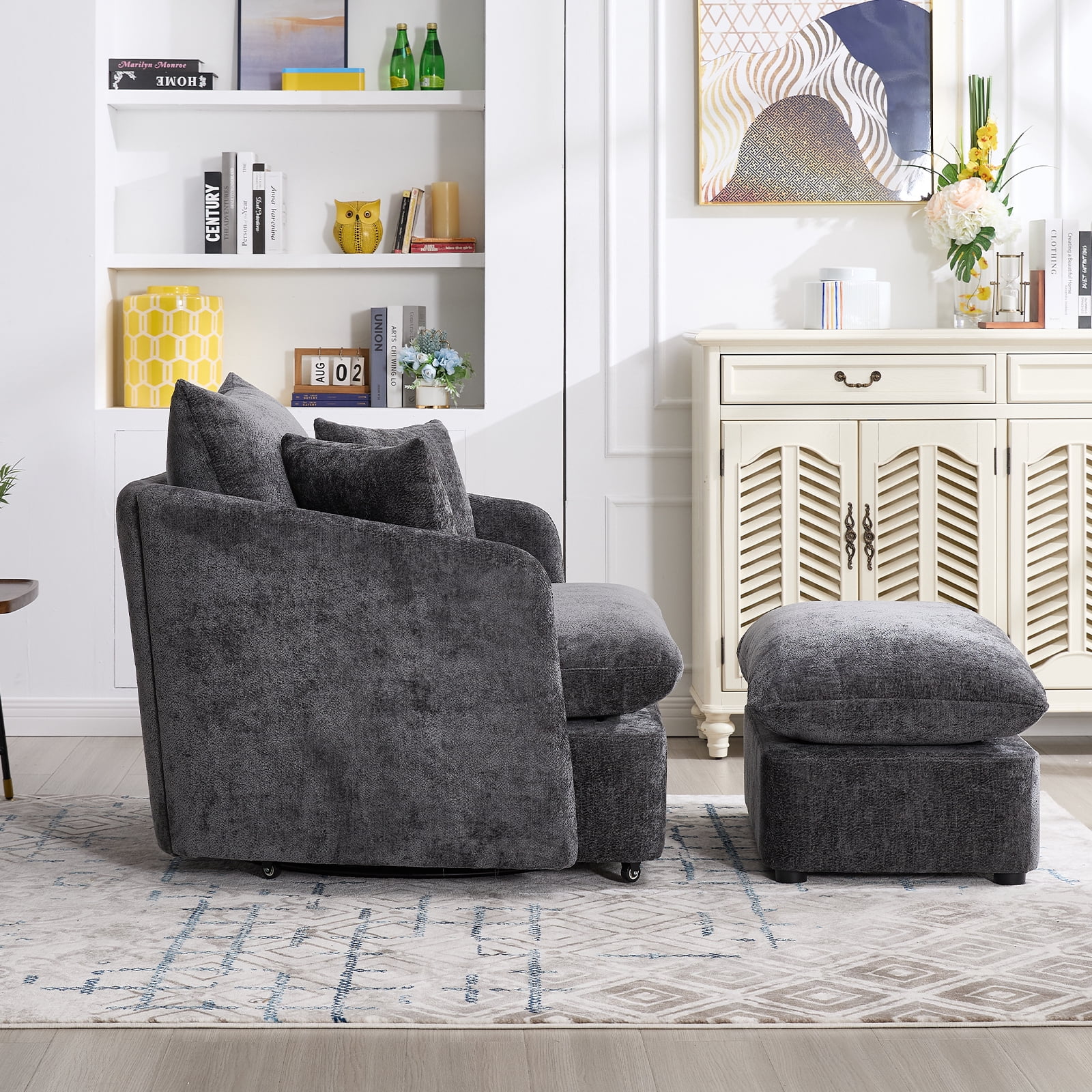 44.6" W Oversized Swivel Armchair with Ottoman,37.8" Large Seat Width Accent Chair with 3 Pillows