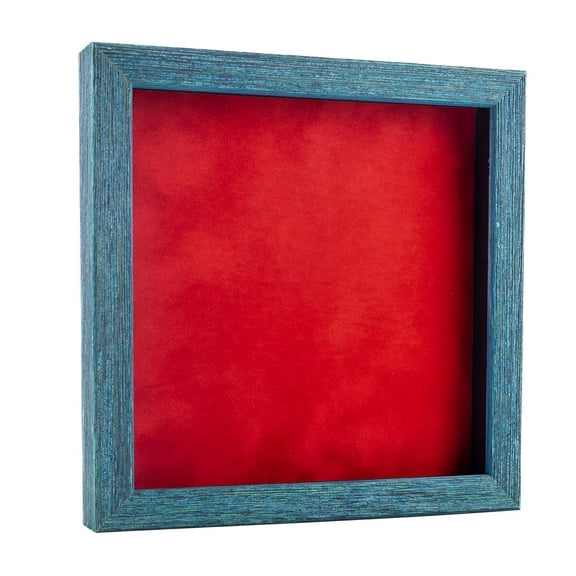 12x12 Shadow Box Frame Blue Wood | With a 1" Usable Display Depth | Includes a Red Real Suede