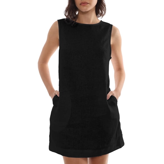 Amazhiyu Women's 100% Pure Linen Sleeveless Dress with Pockets Side Zipper Midi Casual Summer Dress