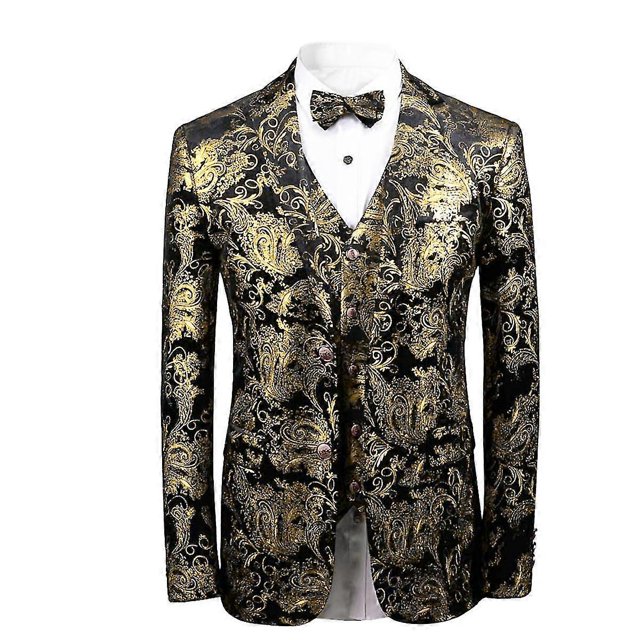 Mens Luxury Paisley Suit Jacket Gold Shiny Slim Fit Button Down Blazer