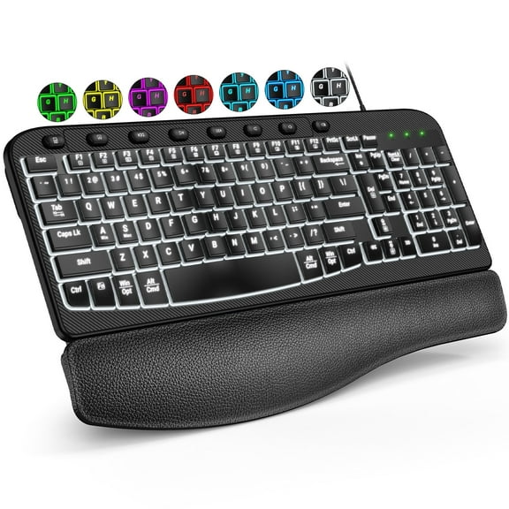 Ergonomic Backlit Keyboard Wired with Cushioned Wrist & Palm Rest, 7-Color Adjustable Backlight,Wave Keys for Windows/Mac-Black