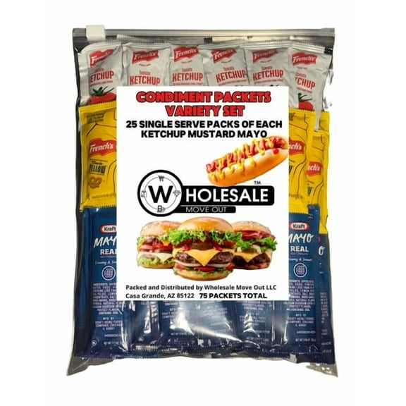 Wholesale Move Out Condiment Packets, 75 Single Serve Packs - 25 Each of Ketchup, Mustard, Mayo Packs, Perfect for Travel, Picnics, BBQ