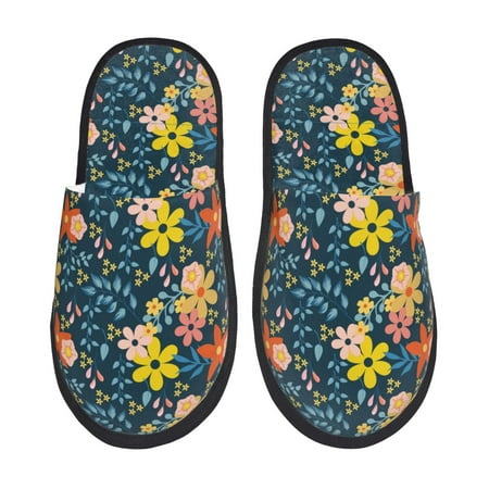 Balery Blue Floral Slient Indoor Furry Fleece Comfort House Shoes Soft Non-Slip Home Shoes Cotton slippers House Slippers-- Medium