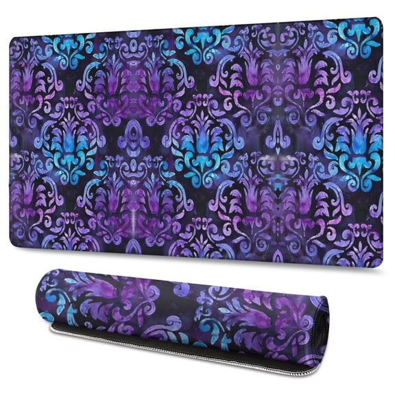 Long Mouse Pads for Desk,Purple and Blue Damask Pattern Desk Mats on Top Of Desks, Desk Mouse Pad Extra Large with 3mm Non-Slip Base and Stitched Edge for Gaming,Office,Work,Home 47.3"x23.6"