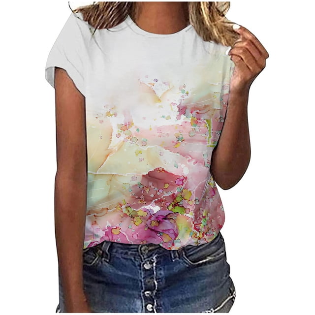 Pompotops T-Shirt Décontracté à Col Rond pour Femmes, Imprimé Graphique, Manches Courtes, Mode Douce, Blouse Décontractée pour Femmes
