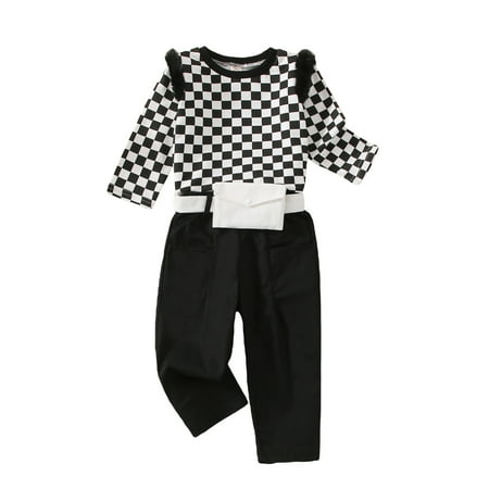 

Suanret 3Pcs Kids Little Girls Pants Sets Long Sleeve Plush Patchwork T-shirt + Plaid Trousers + Waist Belt Black 12-24 Months