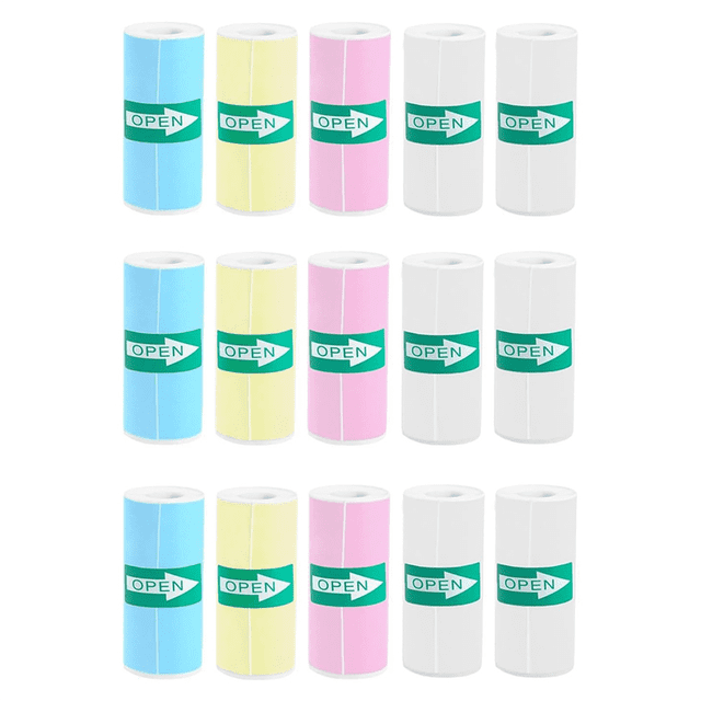 15 rolls of thermal sticker paper for mini printer sticker maker, including 9 colored rolls in blue, yellow, and pink, and 6 white rolls. Each roll measures 2.25 inches in width and 1 inch in diameter, compatible with most mini portable printers. The rolls are displayed in a grid layout with a green 'OPEN' label on each roll.