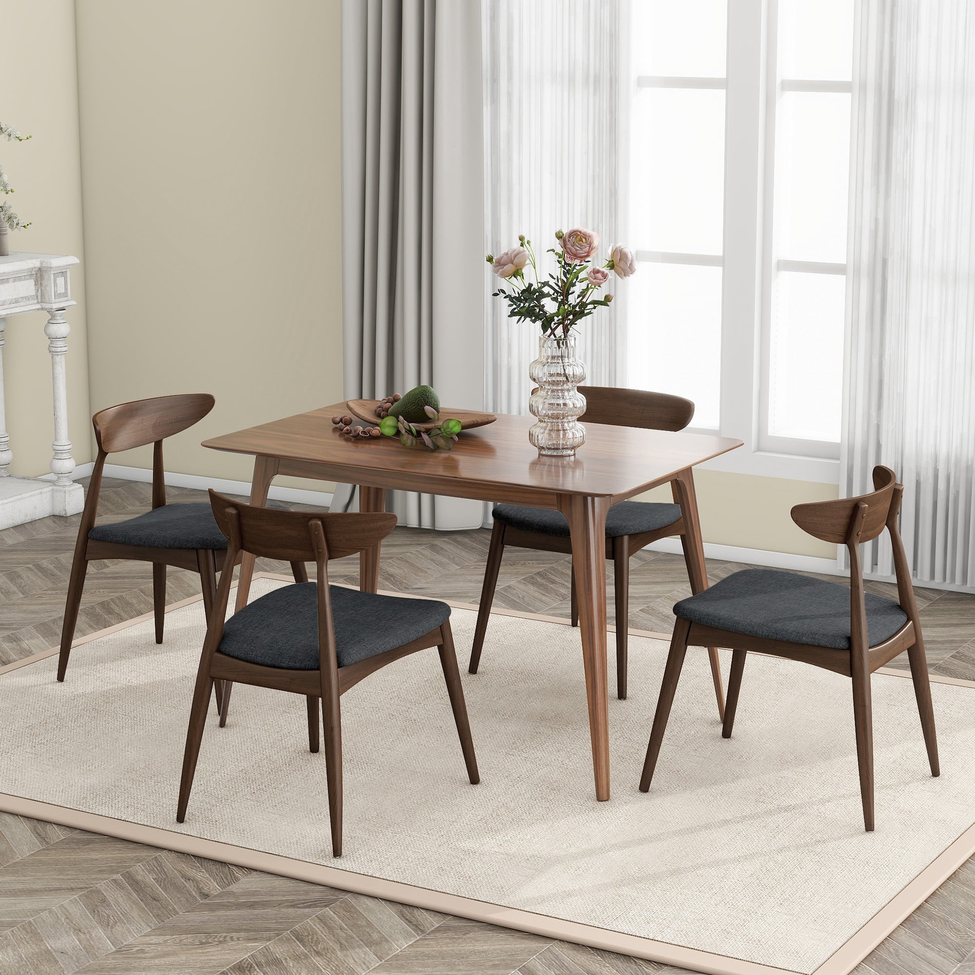 Aukfa Dining Chairs Set of 2, Mid Century Wood Side Chairs with Curved Backrest and Upholstered Seat, Dining Room Chairs for Kitchen, Living Room, Dark Brown