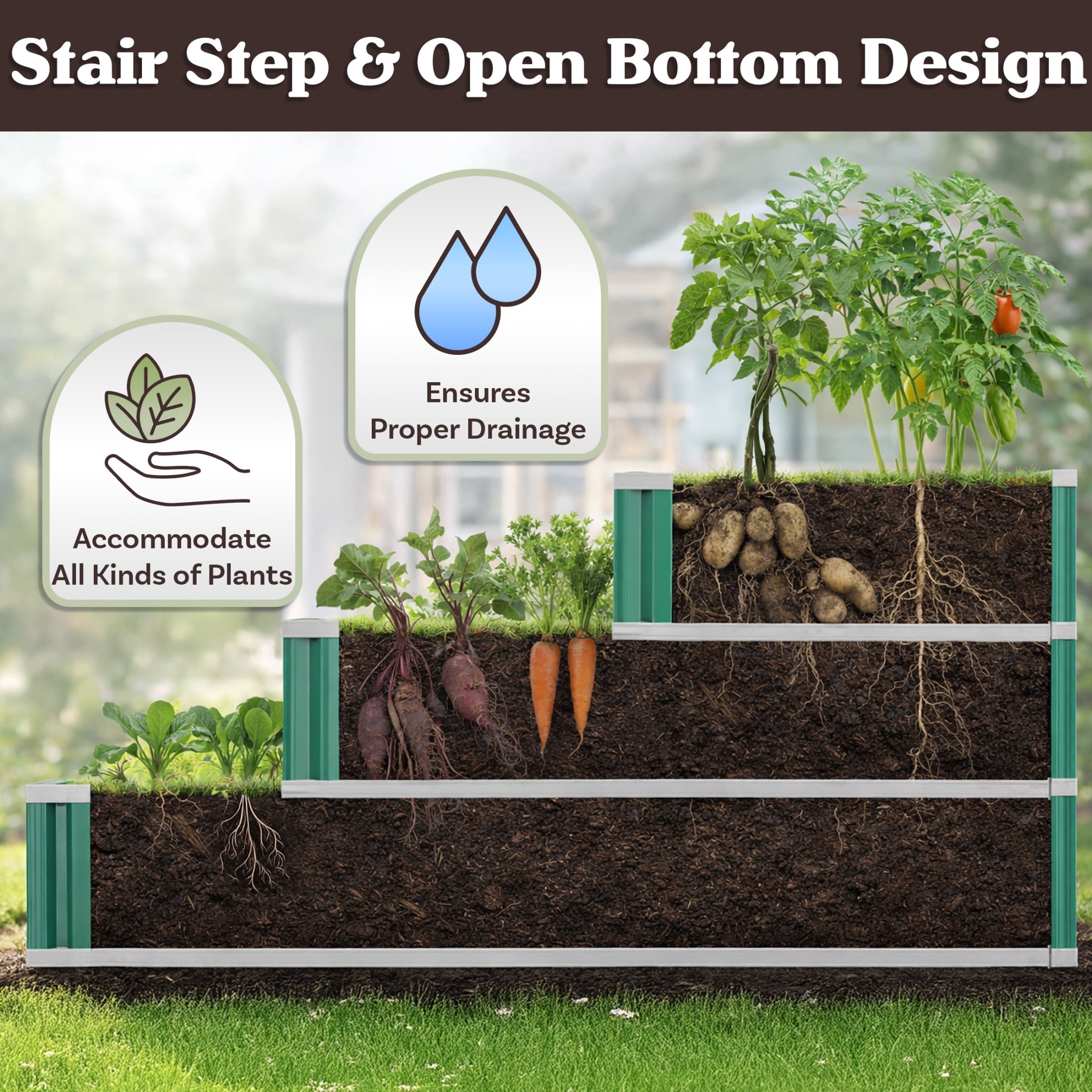 Pure Garden 3 Tier Raised Garden Bed - 45”x45”x24” Galvanized Steel Stackable Raised Beds, Green