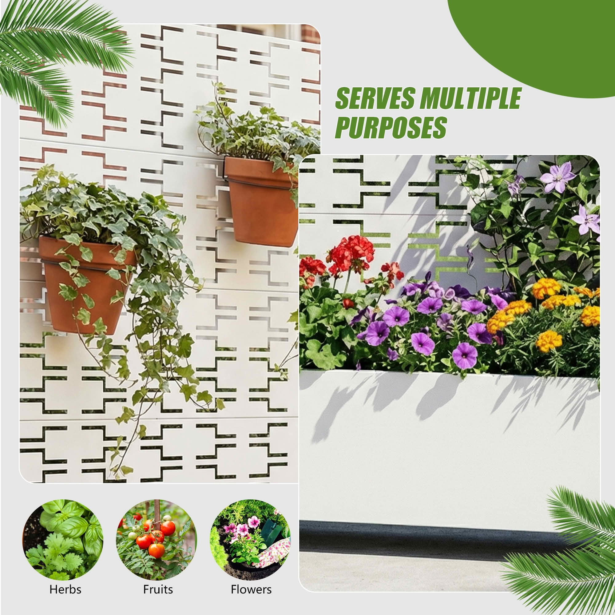 MAYEERTY 72X47" Metal Outdoor White Privacy Screen with Planter Box for Backyard & Garden, 5 Piece Set