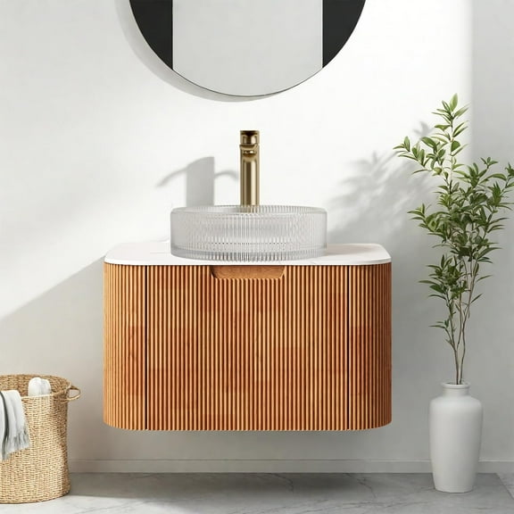 24" Floating Bathroom Vanity with Sink, Modern Bathroom Cabinet with Round Crystal Glass Basin and Ultra-Thin Marble Top, Extra Large Storage Drawer, Soft-Close Design, Nature Wood