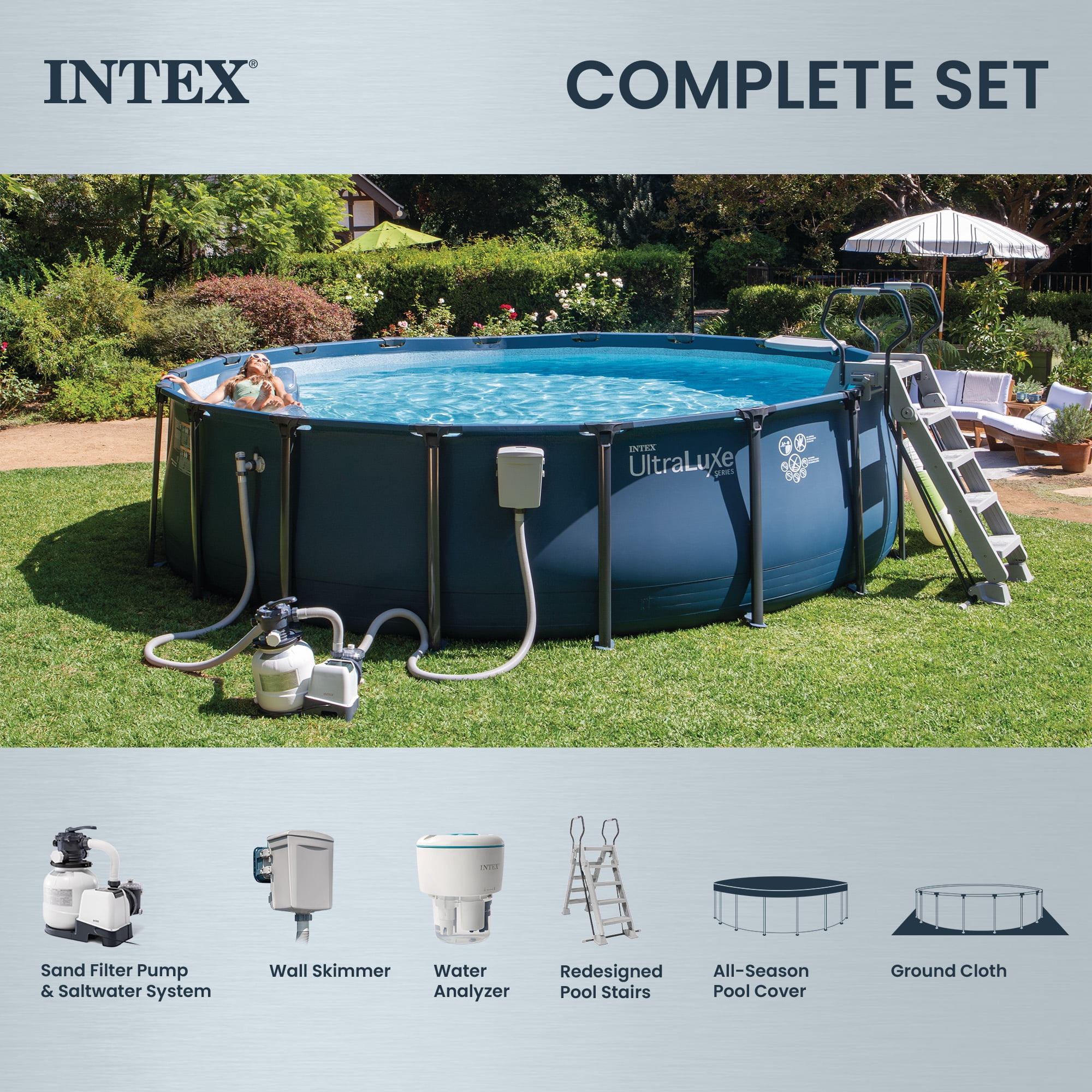 INTEX UltraLuxe 24ft x 52in Round Above Ground Pool Set, Sand Pump, & Saltwater System