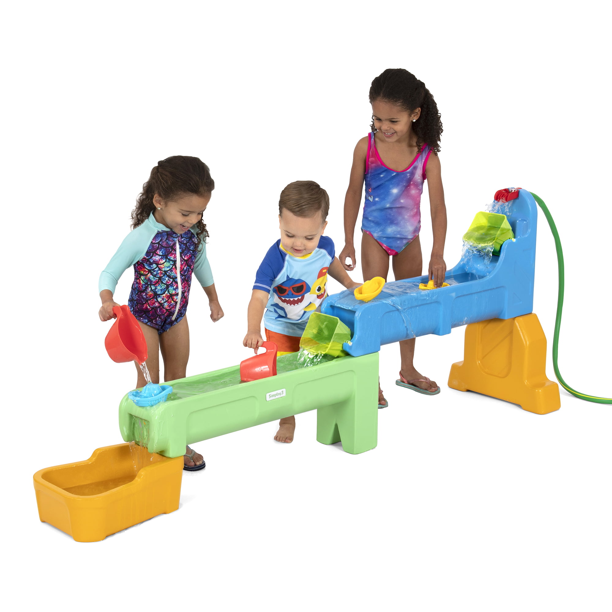 three kids playing with the simplay3 rushing river falls water table