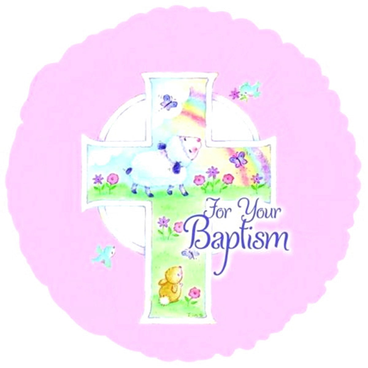 18" Baptism Cross and Sheep " For Your Baptism " Theme Pink Foil