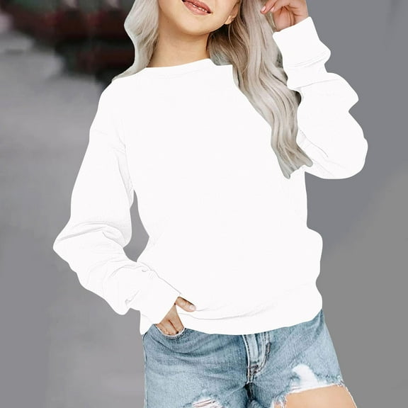 Hicidod Girls Sweatshirts Long Sleeve Fashion Solid Color Pullover Tops Casual Crew Neck Ribbed Tops Loose Fit Sweatshirt