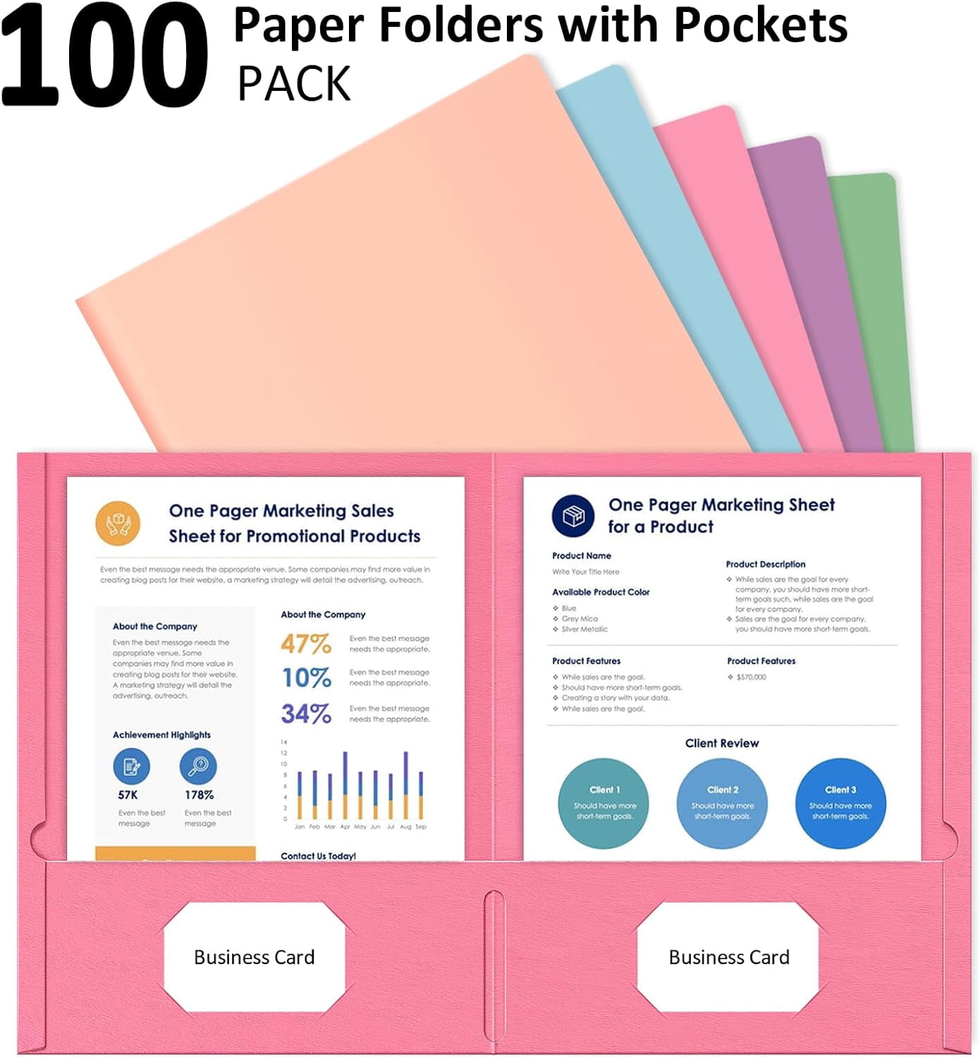 SUMMIT -  Two Pocket Folders, 100 Pack 2 Pocket Folders Fit Letter Size Paper, Pastel Paper File Folders with Pockets for School Office Home Business, Assorted 5 Colors
