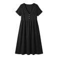 thumbnail image 4 of asdoklhq Spring Holiday Dress Midi Dress Women's V-Neck Solid-Color Casual Long-Sleeved Pocket Short Dress Black M, 4 of 9