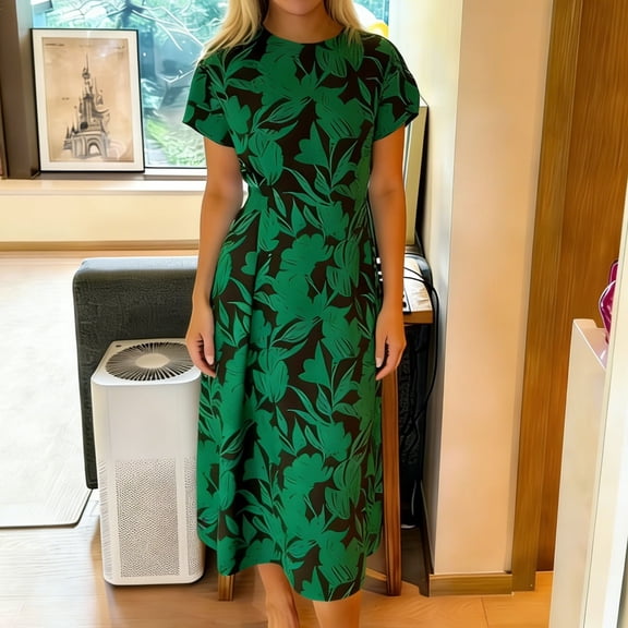 Summer Dresses for Women Plus Size Crewneck Short Sleeve Floral Print Midi T Shirt Dress Casual Flowy Beach Holiday Sundress S-3XL