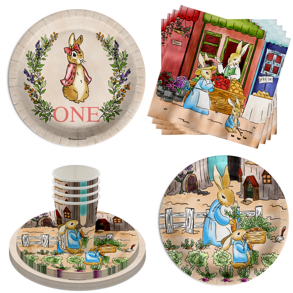 Peter Rabbit Girl's 1st Birthday Party Supplies - 64 Piece First Birthday Tableware Set Includes Large 9" Dinner Plates and 8" Dessert Paper Plates Napkins Cups - Kit for 16
