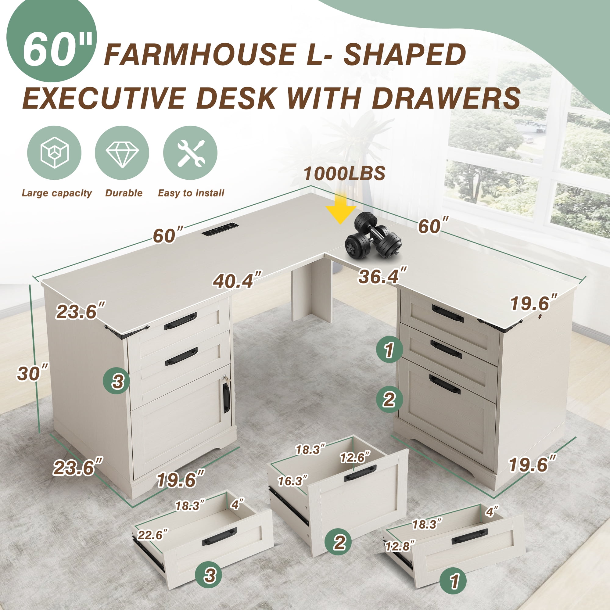 Haverchair 60" Executive L Shaped Desk with Drawers, Farmhouse Home Office Desk with Charging Station, Wood Corner Computer Desk with File Cabinet, Writing Computer Desk for Work and Study