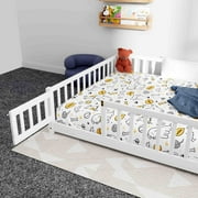 Queen Floor Bed Frame for Toddler, Montessori Floor Bed with Fence and Wood Slats for Girls Boys Kids Happy Time,White