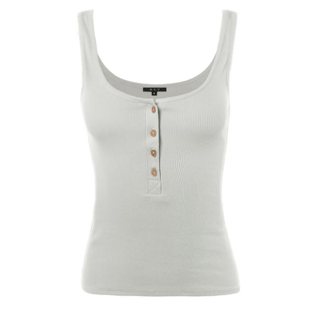 A2Y A2Y Women's Ribbed Henley Scoop Neck Sleeveless Tank Top White 1XL
