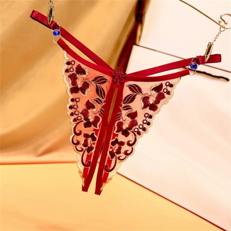 

Hunpta Underwear Women Embroidered Panties Sexy Diamond Belt Adjustable Knot Sexy Open Crotch Thong Panties