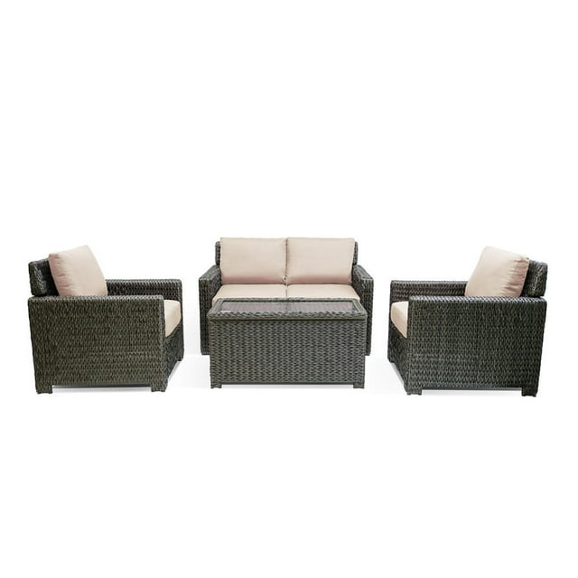 Krikacy 5-PCS Outdoor Wicker Modular Sofa Chair Set w/Cabinet Coffee table, All-Weather HDPE, Beige