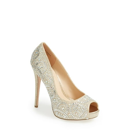 - Laren Lorraine Elissa-2 Rhinestone Embroidered Slim Heel Peep Toe Nude Sparkle (7.5)