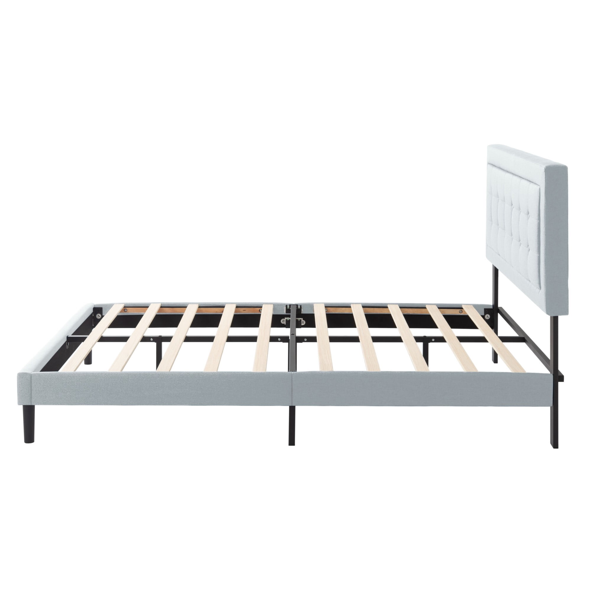 AENKYO Modern Queen Size Upholstered Platform Bed Frame with Linen Fabric Headboard, No Box Spring Needed, Light Gray
