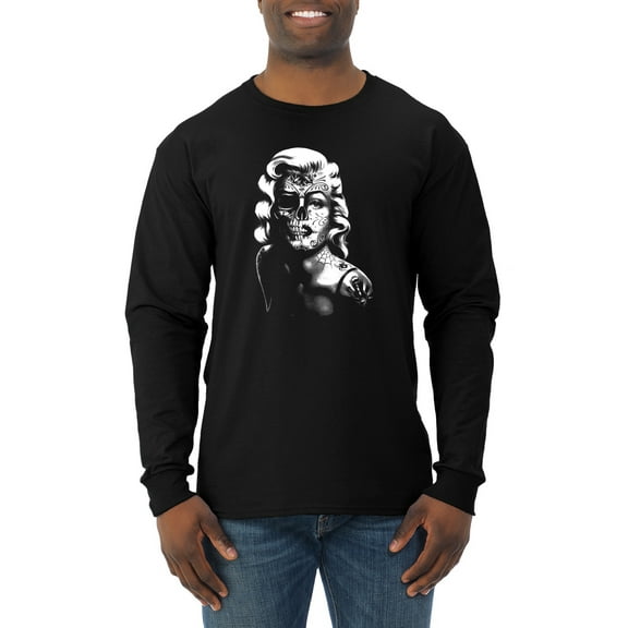 Manilyn Monroe Skull Face and Body Tattoo | Mens Pop Culture Long Sleeve T-Shirt, Black, Small