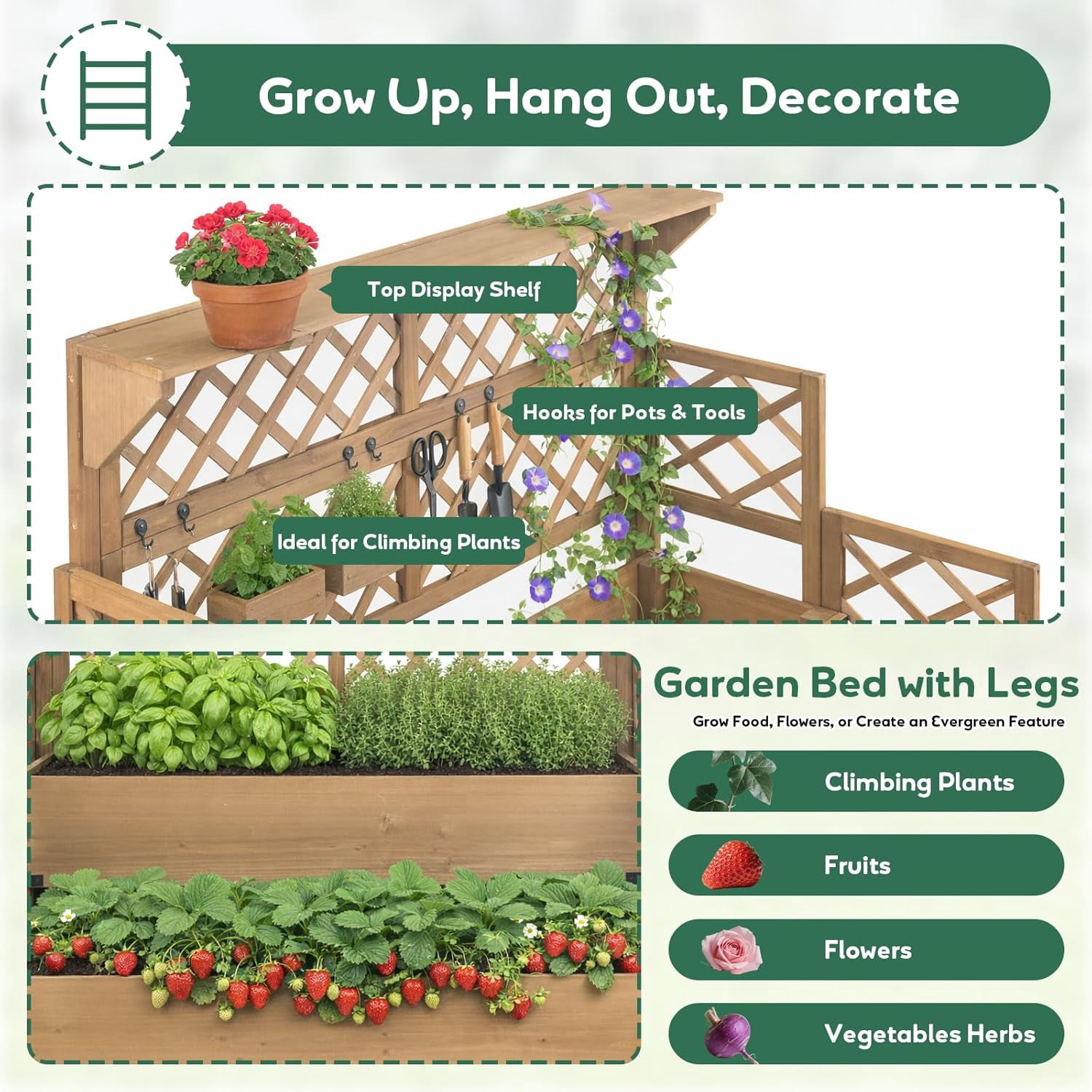 PETSCOSSET Raised Garden Bed with Trellis & Top Shelf, Outdoor Elevated Planter Box for  Plants, Vegetables, Herbs