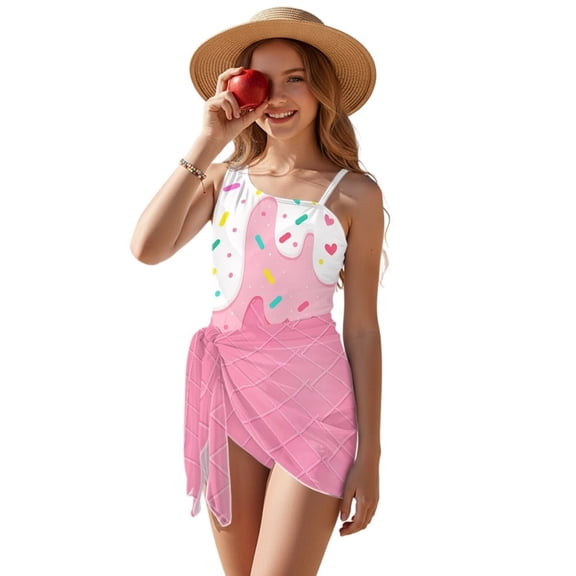 Uourmeti Ice Cream Candy Girls Swimsuit Tropical Swimwear Halter Neck One Piece Bathing Suit with Cover Up Skirt Girls' Quick Dry Swimwear Set with Adjustable Straps 7-18Y Pink