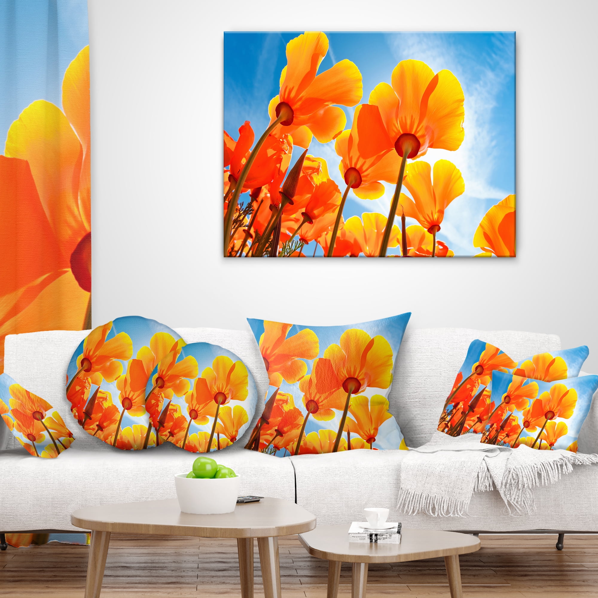 Designart Yellow Spring Flowers on Blue - Floral Throw Pillow - 18x18