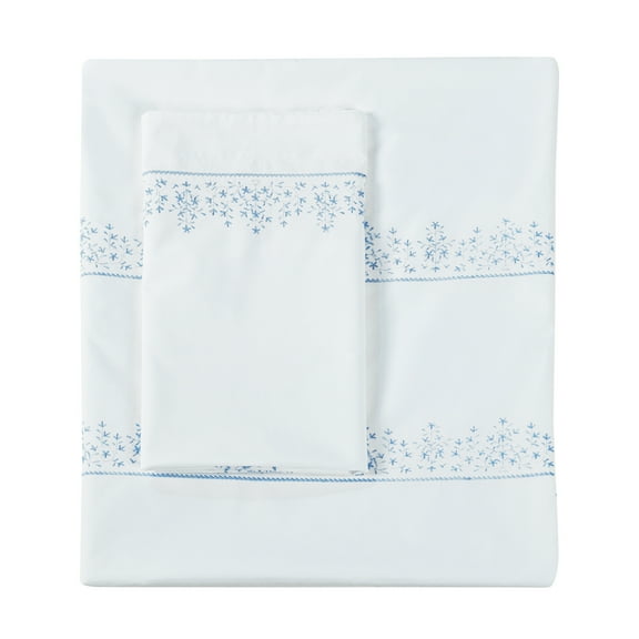 Melange Home Leaf Stone Embroidery Percale Cotton Duvet Sets Blue On White Full - Queen 3 Piece