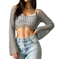 thumbnail image 3 of Lumtrix Crochet Crop Tops for Women Y2k Hollow Out Crochet Shrug Sweater Long Sleeve Going Out See Through Top Shoulder Cover Gray L, 3 of 7