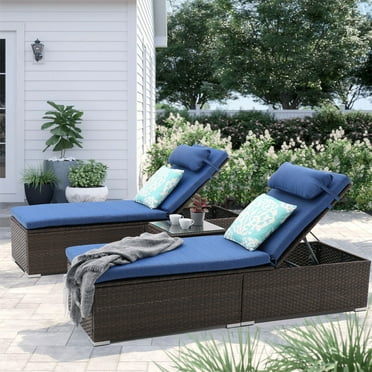 3 PCS Patio Chaise Lounge Outdoor Lounge Chair Patio Reclining Chair with Coffee Table Cushion&Pillow 5 Angle Adjustment PE Rattan Chair for Courtyards Poolside Garden (Blue)