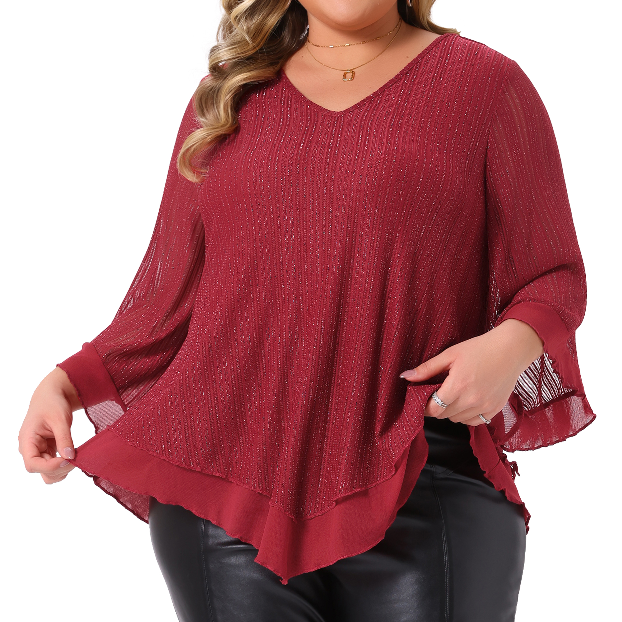 DARING DIVA Women's Plus Ruffle 3/4 Sleeve V Neck Loose Fit Blouse 3X Burgundy